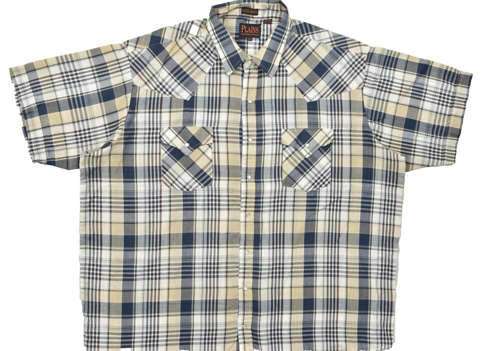 Plains Western Wear Shirt Big Man 2X Plaid Pearl Snap Short Sleeve Blue Tan West